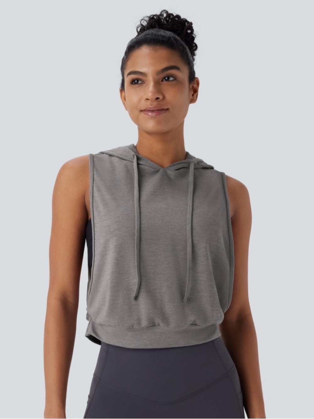 Halara Hooded Drawstring Sleeveless Cropped Running Tank Top Mottled Earth Grey